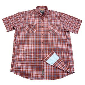 Ariat Shirt Men Large Orange Plaid Rebar Button Up Work Wear Camp Pockets Adult
